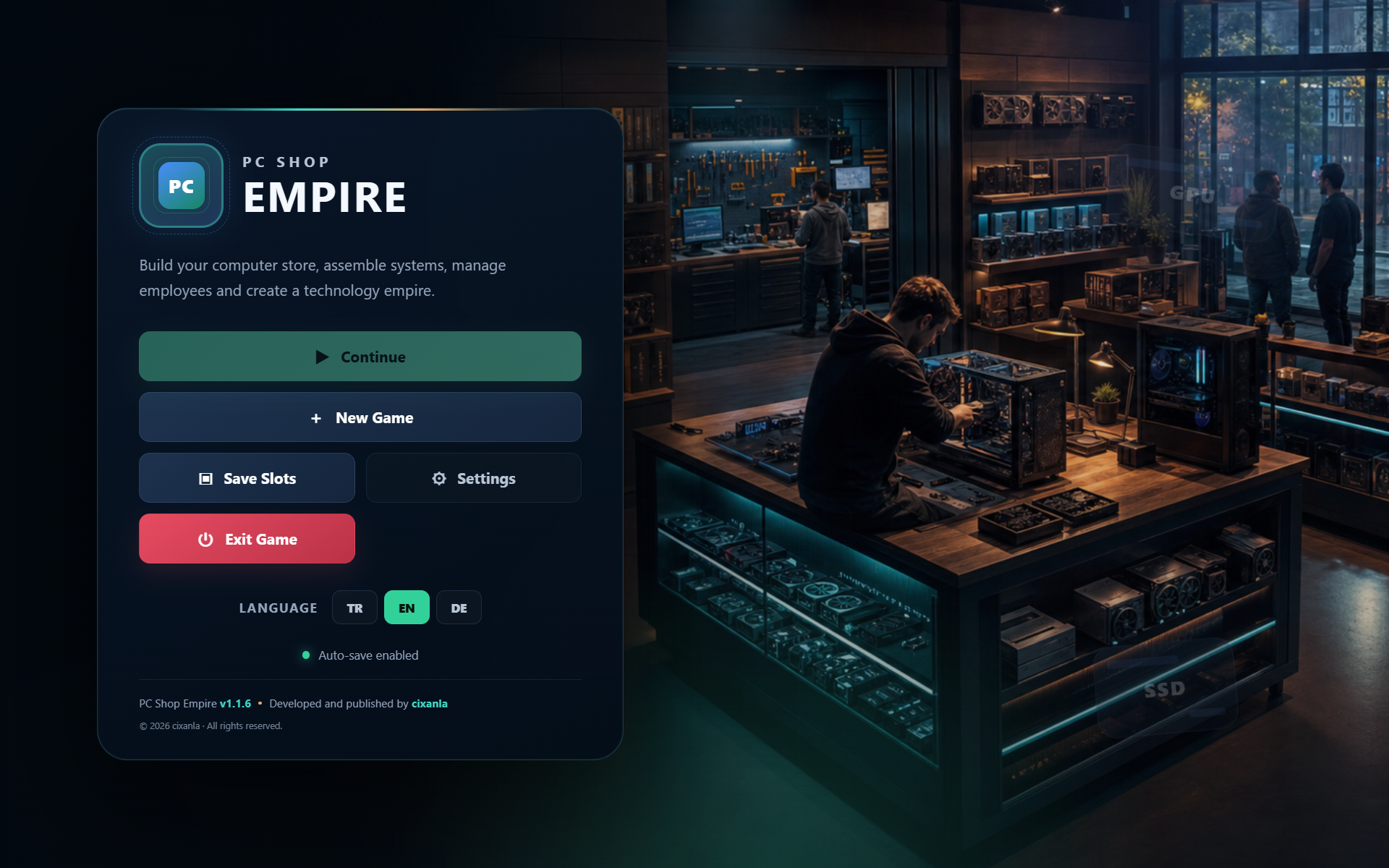 Full start screen of the PC Shop Empire management simulation