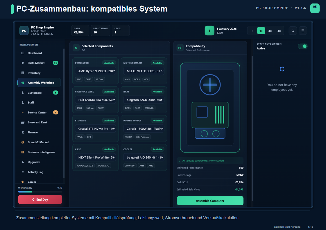 PC assembly: Select components, review cost and plan a compatible system.